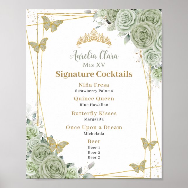 Poster Coquetéis com Assinatura Sage Green Floral para Qu (Frente)