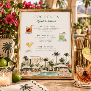 Poster Coquetéis Tropicais com Assinatura de Aquarela da