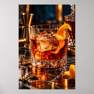 Poster Coquetel Âmbar com Torção de Laranja e Gelo – Luxo