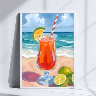 Poster Coquetel de Praia Pintura em Aquarela Ondas do O