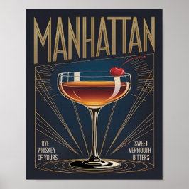 Poster Coquetel Manhattan Arte Deco Azul Marinho Bar