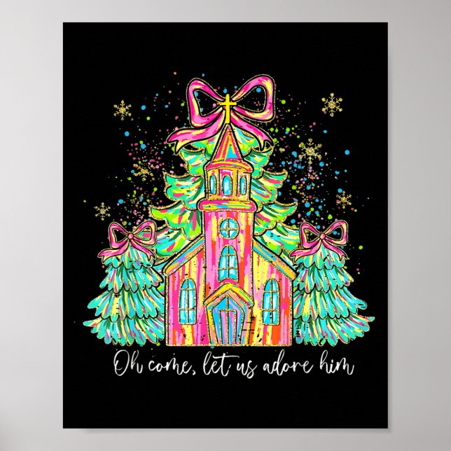 Poster Coquette Bow Christmas Tree Jesus Oh Come Let Us A (Frente)