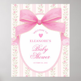Poster Coquette Pink Bow Roses Girl Baby Shower Welcome