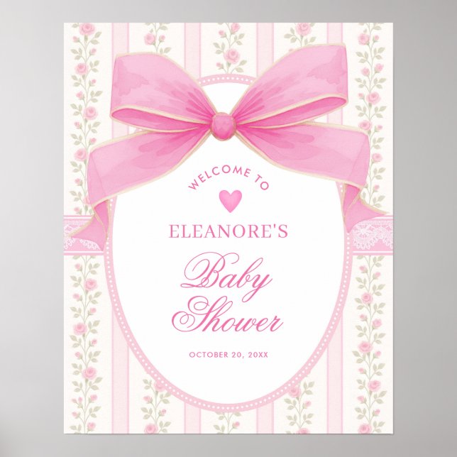 Poster Coquette Pink Bow Roses Girl Baby Shower Welcome (Frente)