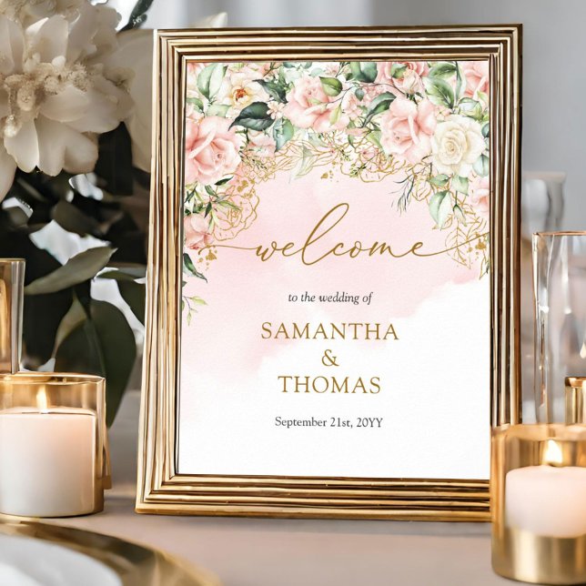 Poster Coquette soft pink roses gold Boeing Boom (Elegant soft pastel pink roses mixed greenery and gold Wedding welcome tabletop sign)