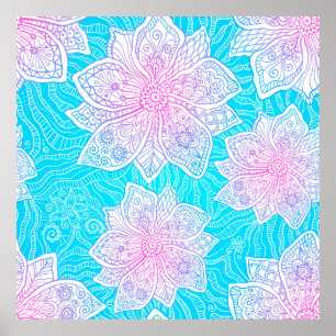 Poster Cor azul e rosa das flores do ornamentado, patamar
