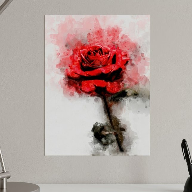 Poster Cor da água da flor da rosa vermelha - wb (Red Rose Watercolor Art on White Background. Poster)