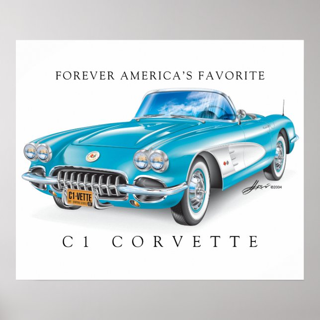 Poster Cor da Cascata de Ilustração Elegante Corvette C1 (Frente)