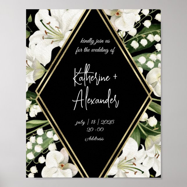 Poster Cor d'água elegante preto e branco floral (Frente)