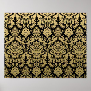 Pôster Cor damasco elegante Dourado e preta