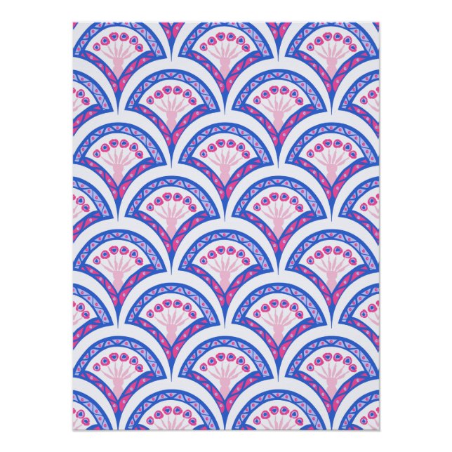 Pôster cor damasco floral azul (Frente)