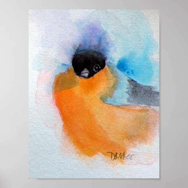 Poster Cor de Água do Pássaro Chickadeado Laranja (Frente)