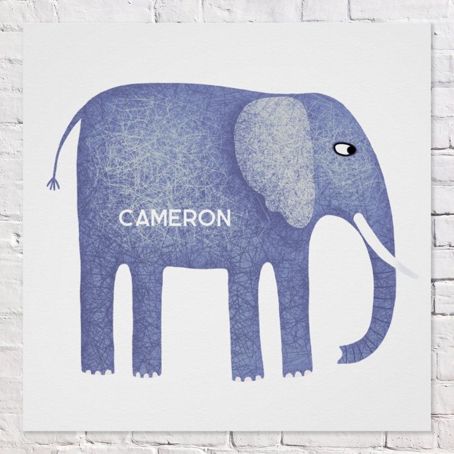 Pôster Cor de Água Personalizada do Elefante Azul (Fun personalized kid's name blue elephant nursery decor poster)
