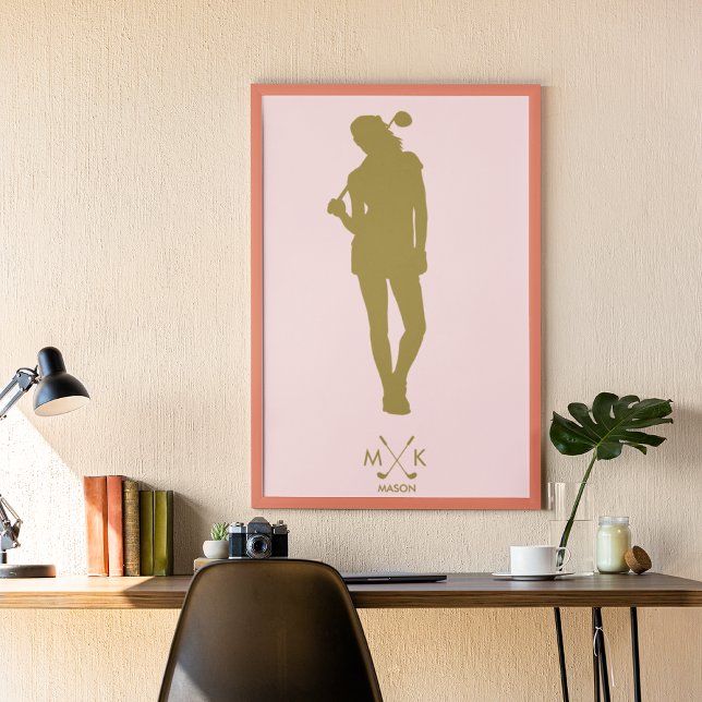 Poster Cor-de-rosa embebida elegante | Modern Lady Golfer (Criador carregado)