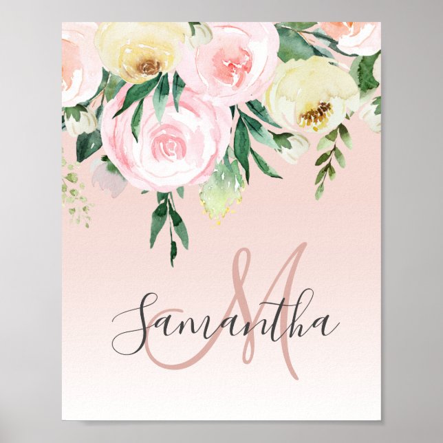 Poster Cor-de-rosa moderno e flores com nome (Frente)
