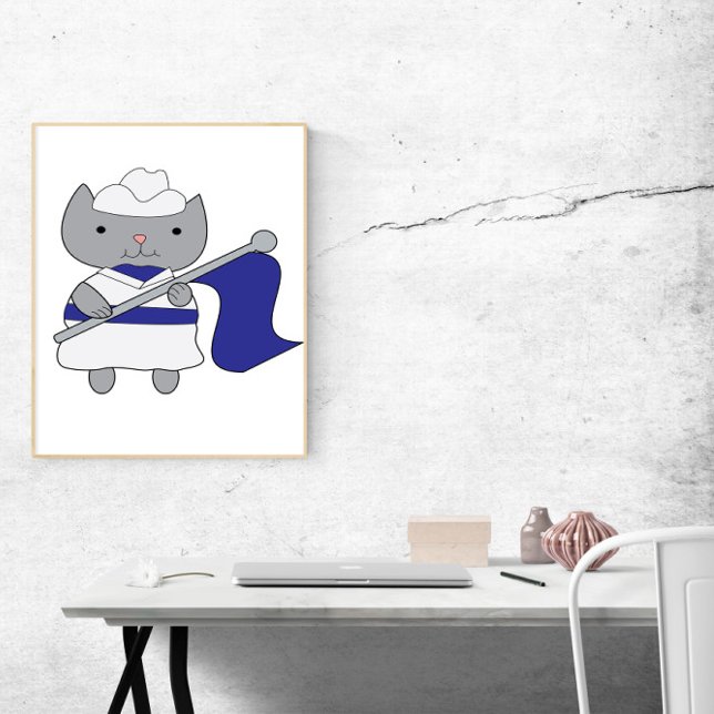 Poster Cor do Gato - Guarda Azul Branco (A poster of a gray cat in a blue and white color guard uniform complete with flag.)