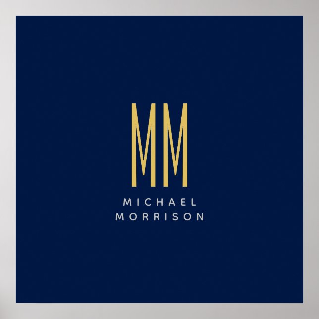 Poster Cor Dourada Azul Monograma Letras Iniciais (Frente)