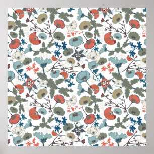 Poster Cor Floral Azul Azul Cor-de-Rosa Verde