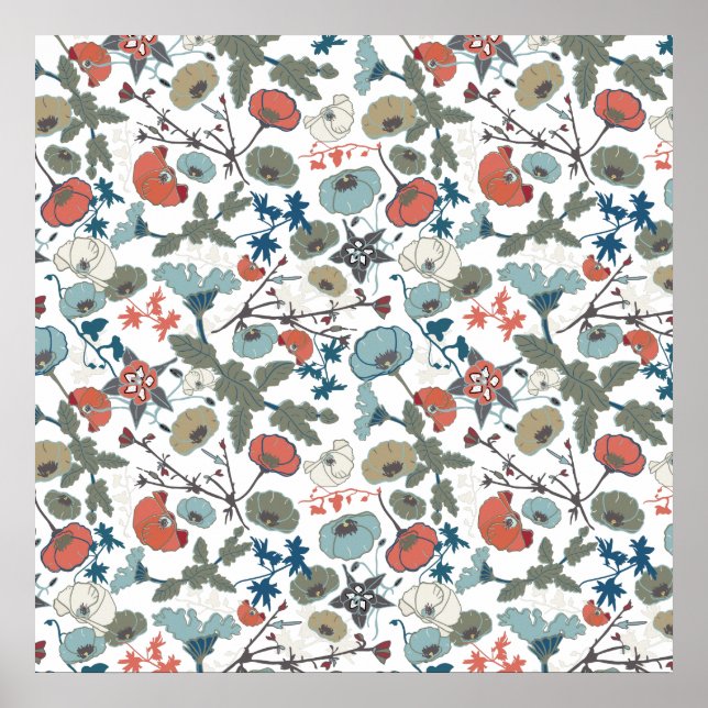 Poster Cor Floral Azul Azul Cor-de-Rosa Verde (Frente)