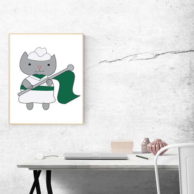 Poster Cor Guarda Verde e Branco (A poster of a gray cat in a green and white color guard uniform with a green flag.)