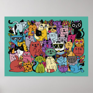 Poster Cor Personalizada da Ilustração de Gatos Engraçado
