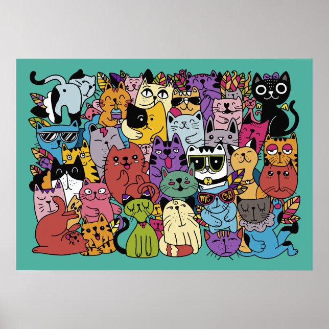 Poster Cor Personalizada da Ilustração de Gatos Engraçado (Frente)