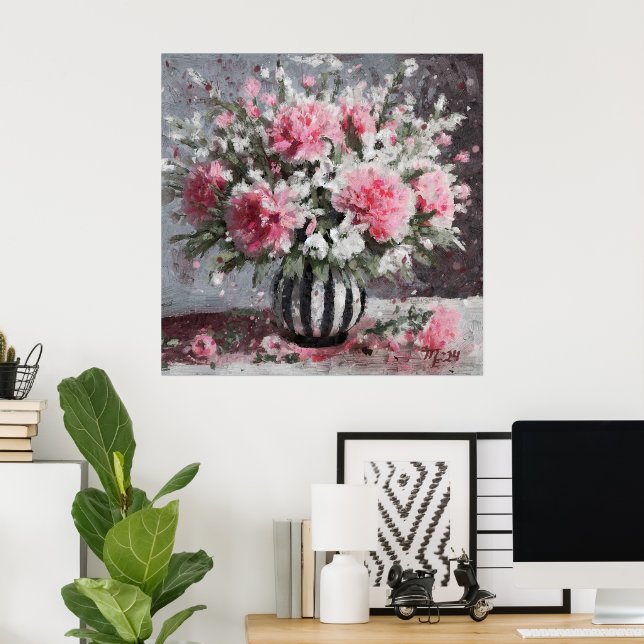 Poster Cor rosa Flor de Cravagem Floral, Preto (Escritório em casa)