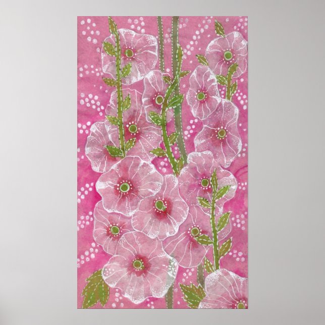 Poster Cor Rosa Hollyhock Mallow Malva Flor Pintura Flora (Frente)