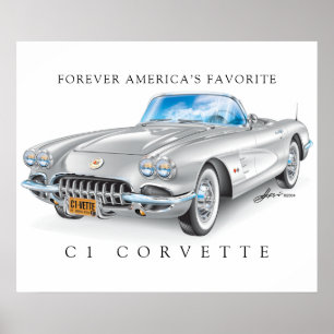 Poster Cor Silver de Ilustração Elegante Corvette C1