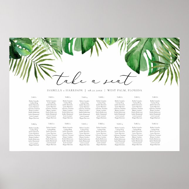 Poster CORA Aquarela Tropical Palm Folm Seating Chart (Frente)