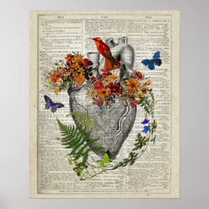 Poster Coração Anatômico com Flores e Hummingbird