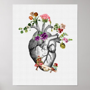 Poster Coração Anatômico e Flores Coração Anatômica