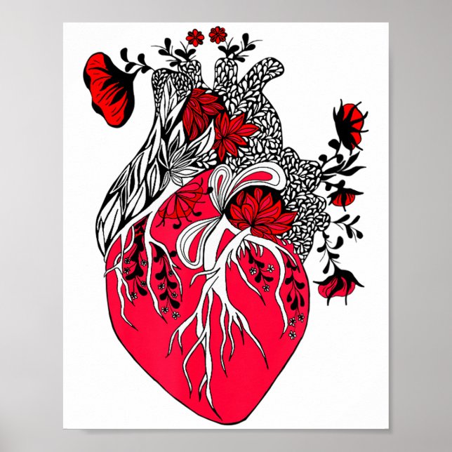 Poster Coração Anatômico Florescendo Flores Vermelhas Dia (Frente)