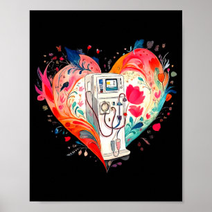Poster Coração Aquarela Floral Enfermeira Diálise Nefrolo