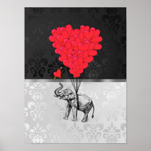 Poster Coração bonito do elefante e do amor em cinzas