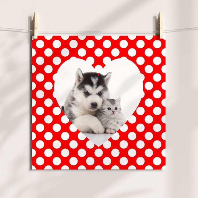 Pôster Coração com Bolinhas Vermelho e Branco Foto (Red and White Polka Dot Heart Photo Poster)