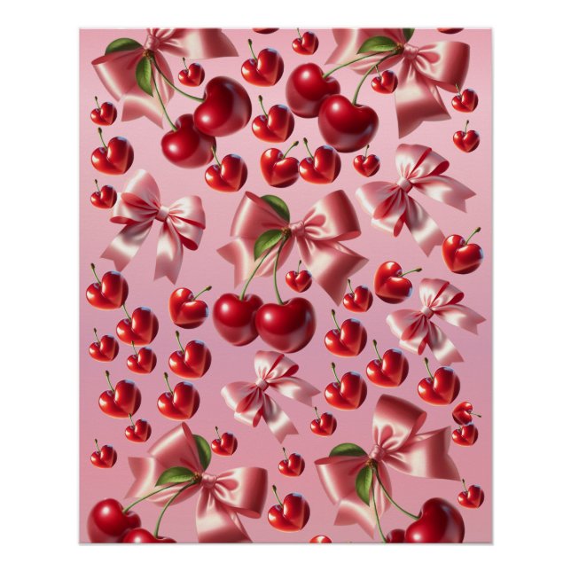 Pôster Coração Coquete Padrão de Laço Cereja (Frente)