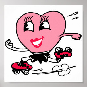 Pôster Coração cor-de-rosa em skates de rolo