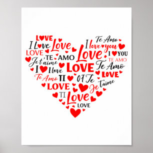Poster Coração de Amor Multilíngue Eu Amo Você Romântico