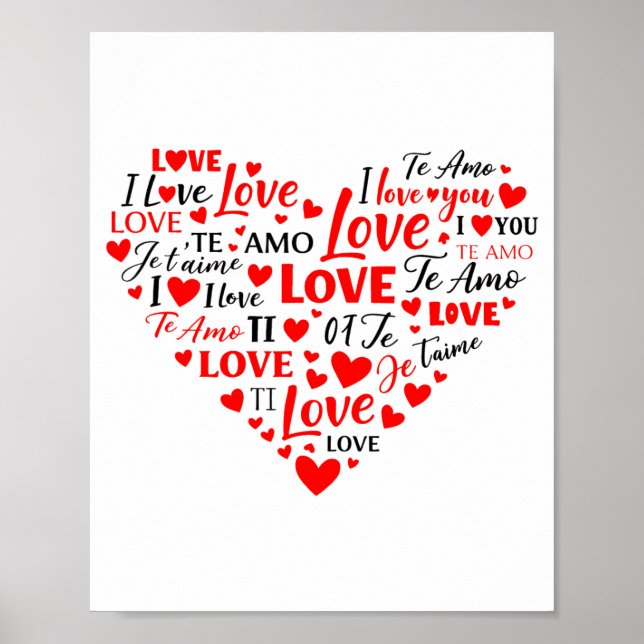 Poster Coração de Amor Multilíngue Eu Amo Você Romântico  (Frente)
