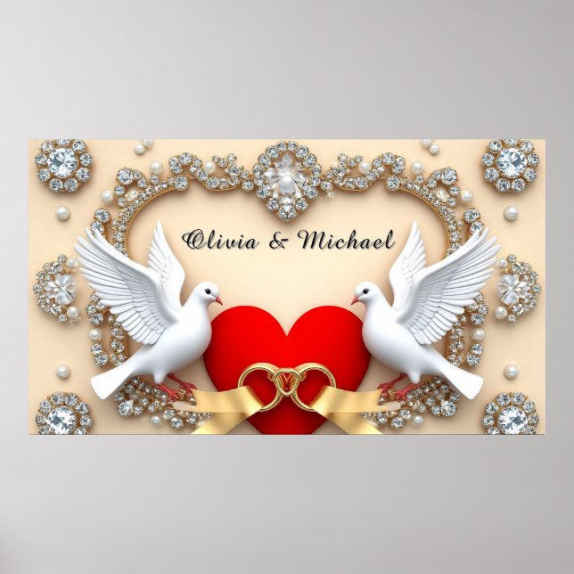 Poster Coração de Diamante Romântico para Casamento com P (Frente)