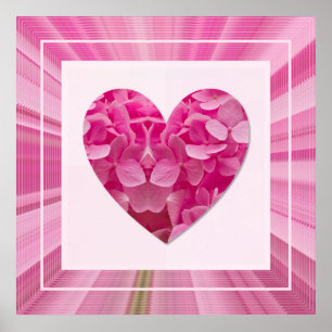 Poster Coração Enquadrado de Flor de Hortênsia Rosa na Pr