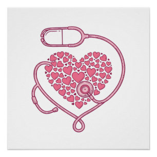 Pôster Coração Estetoscópio Amor Médico Desenho de Camisa