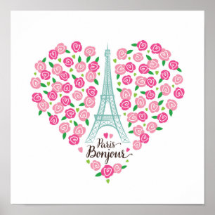 Poster Coração floral de Paris Bonjour  