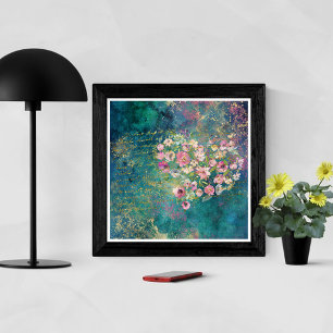 Poster Coração Floral Dourado Escrita Romântica