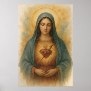 Poster Coração Imaculado de Maria Aquarela Arte Mariana