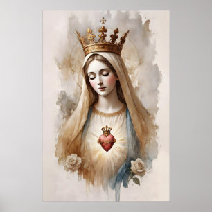 Poster Coração Imaculado de Maria Aquarela Minimalista