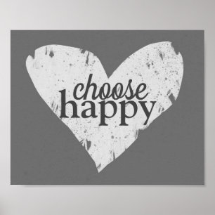 Poster coração pintado escolha cinza feliz e citação 