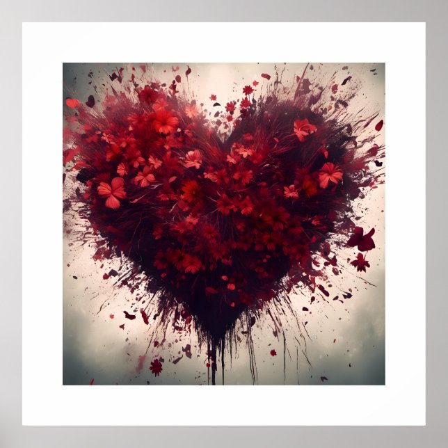 Poster Coração Preenchido com Flores Vermelhas Queimadas (Frente)