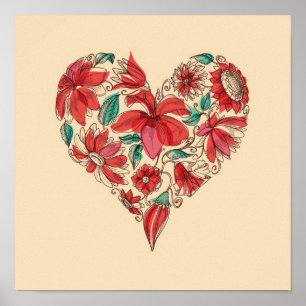Poster Coração retro do símbolo do amor das flores